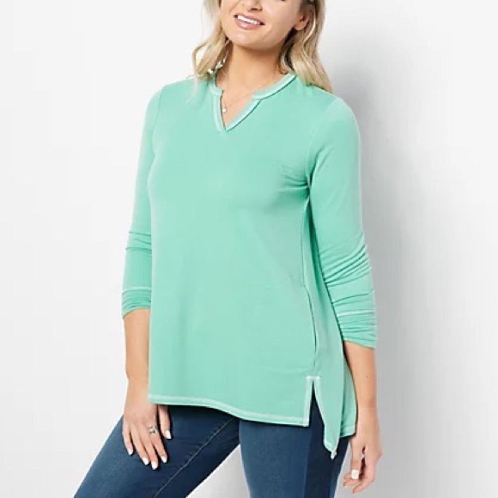 LOGO Lounge by Lori Goldstein Split Neck French Terry Top